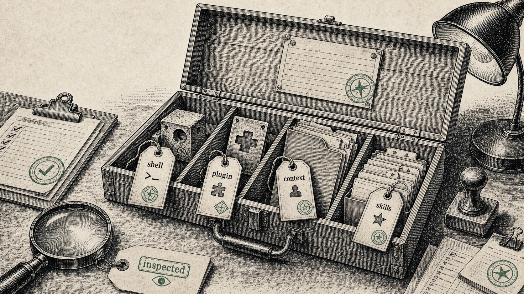 Newspaper-style ink illustration of an open shipping case with tagged runtime parts, showing packaged shell, plugin, context, and skills components as inspectable records.