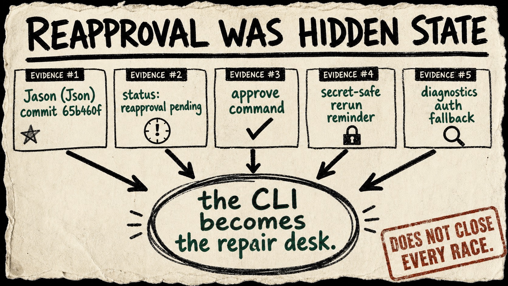 Rough marker poster with five OpenClaw reapproval evidence cards feeding into a circle that says the CLI becomes the repair desk.