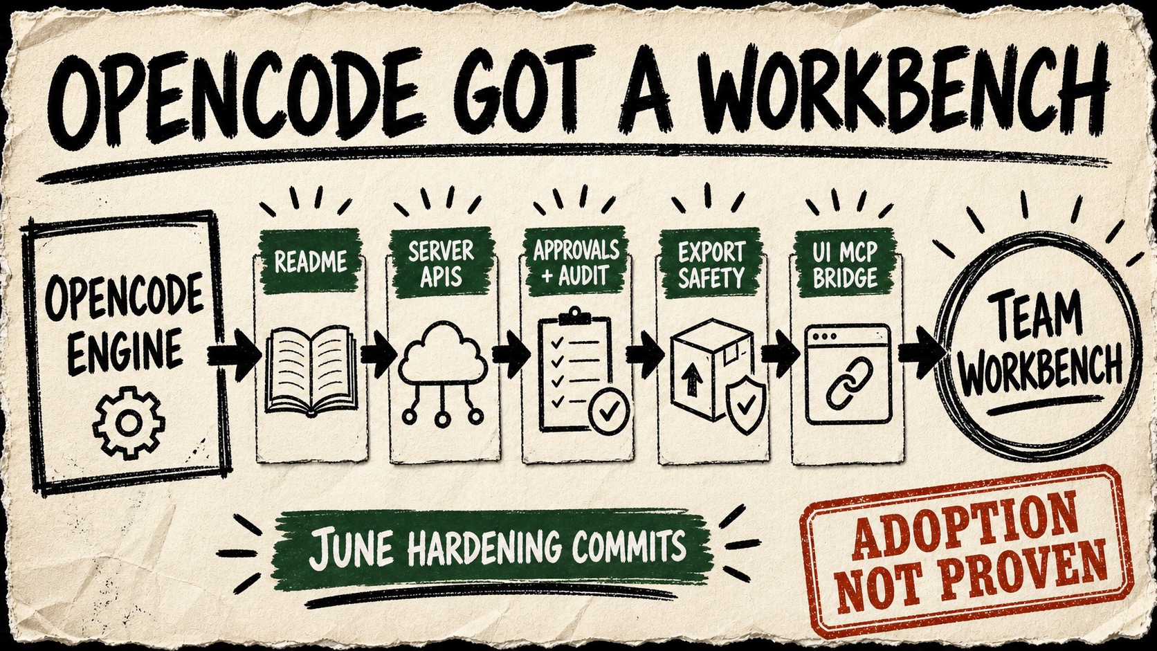 Diagram Punk poster showing OpenCode as an engine feeding an OpenWork team workbench through evidence cards for README, server APIs, approvals, audit, export safety, UI MCP, and recent hardening commits.