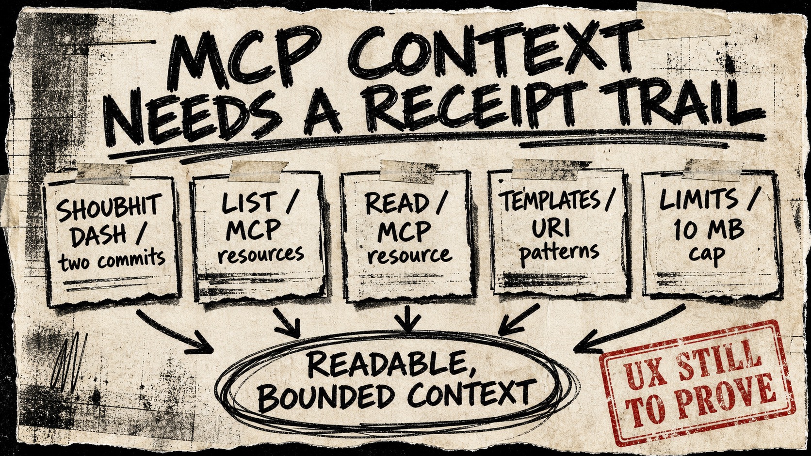 Diagram Punk poster showing Shoubhit Dash's OpenCode MCP commits as source cards feeding into a circled readable bounded context conclusion, with a caveat that UX is still to prove.