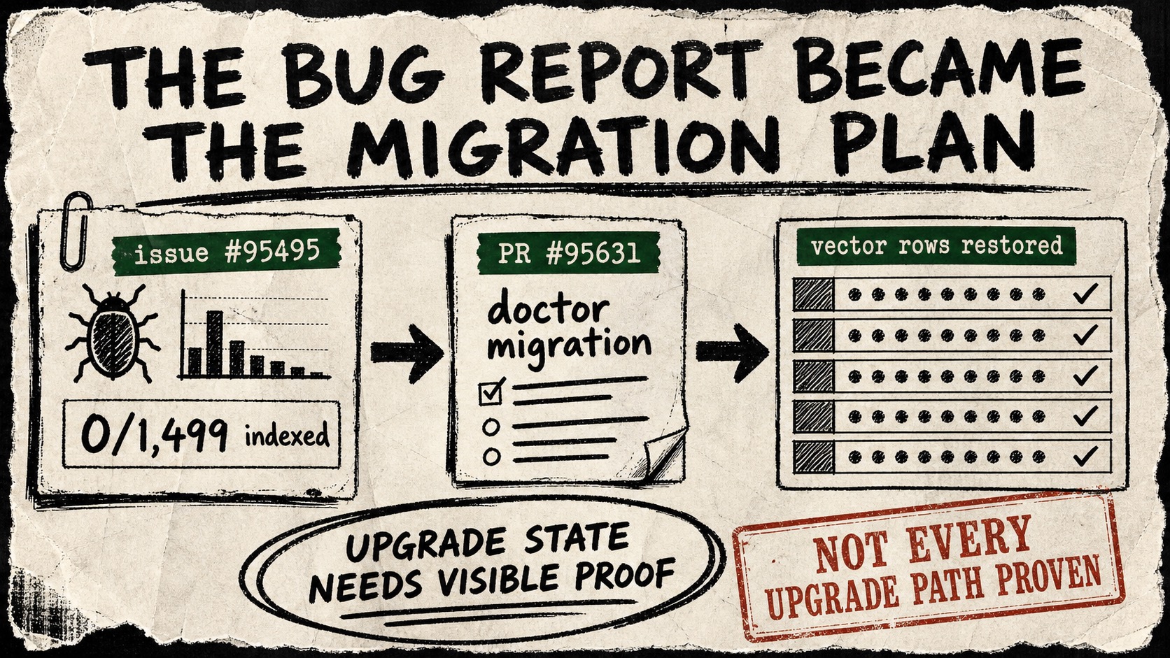 Diagram Punk poster showing OpenClaw issue and PR cards connected by arrows to a circled doctor migration plan, with a caveat stamp about unproven upgrade paths.