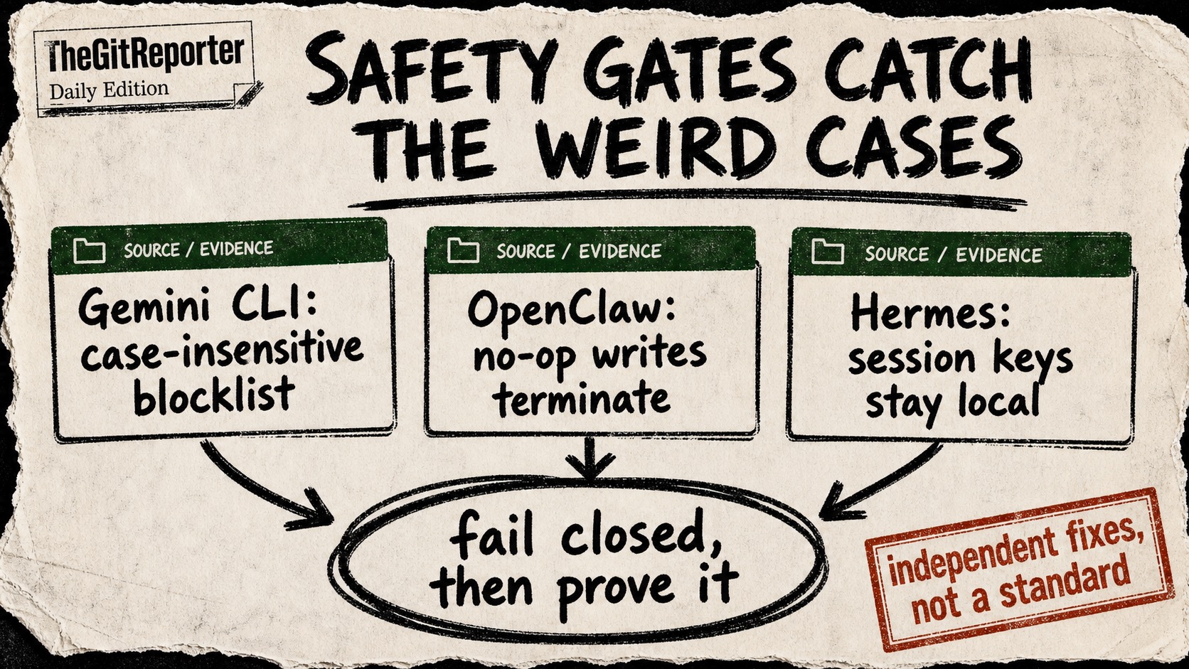 A rough newspaper-style diagram poster shows three source evidence cards for Gemini CLI, OpenClaw, and Hermes pointing to a circled fail-closed conclusion.
