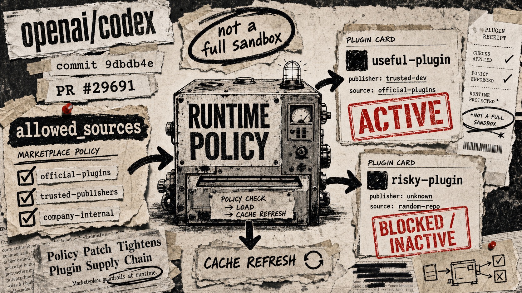 Diagram Punk poster showing Codex marketplace source policy feeding a runtime plugin loader, with blocked plugins marked inactive and a caveat that it is not a full sandbox.