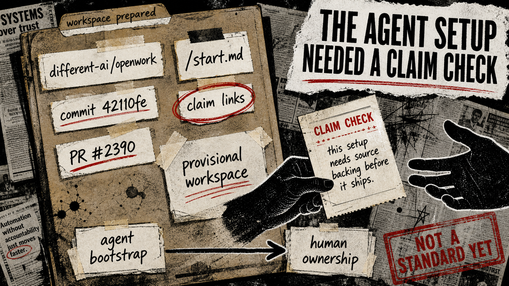 Diagram Punk poster showing OpenWork setup moving from agent bootstrap to human claim links, with source cards for commit 42110fe and the public start guide.