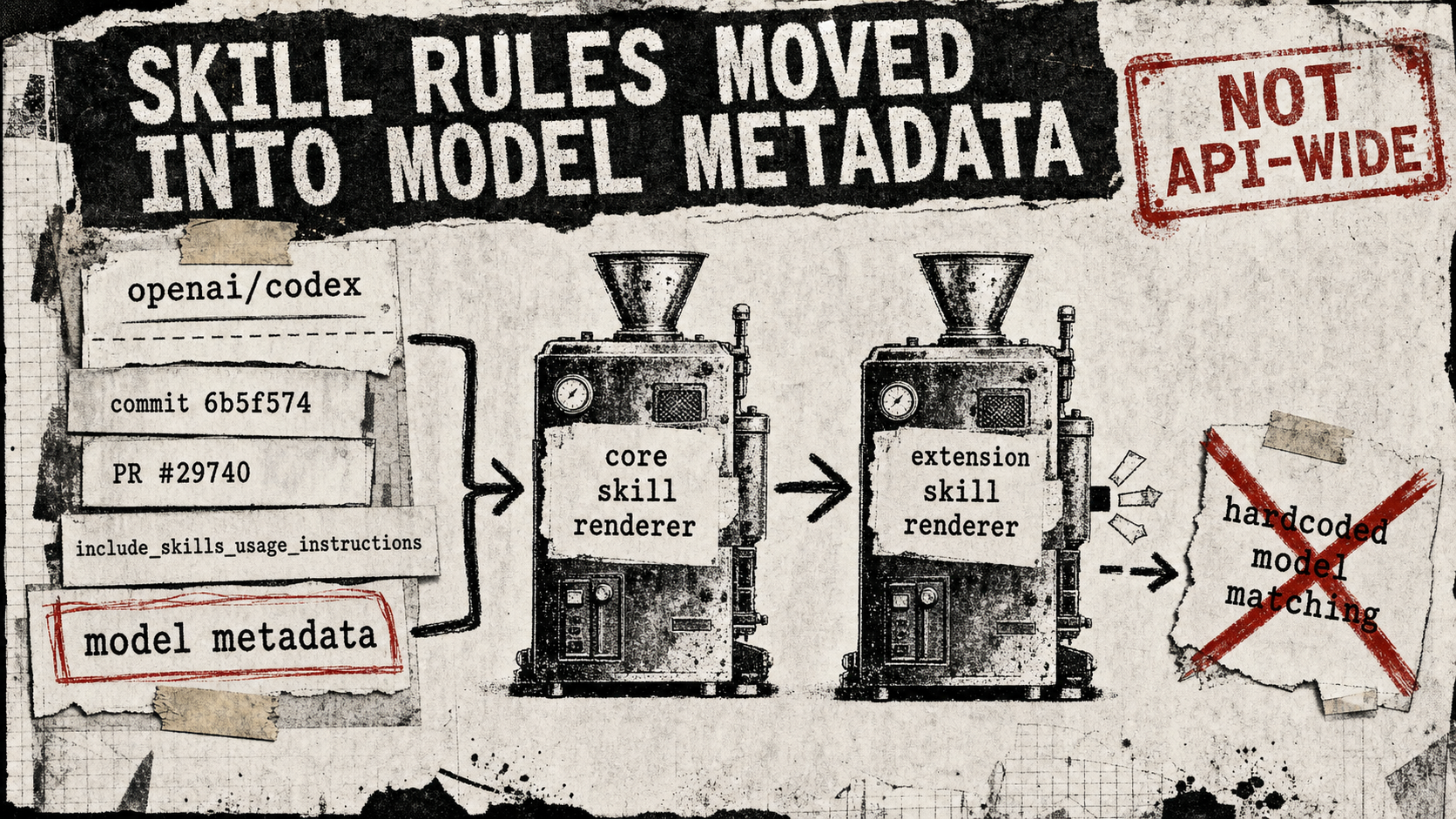 Diagram Punk poster showing Codex model metadata feeding core and extension skill renderers while hardcoded model matching is crossed out.