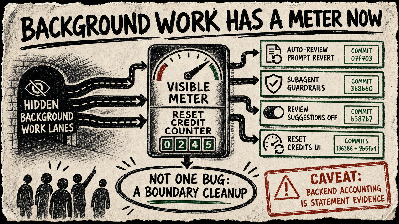 Diagram Punk poster titled Background work has a meter now, with four source cards for auto-review prompt revert, subagent guardrails, review suggestions off, and reset credits UI.