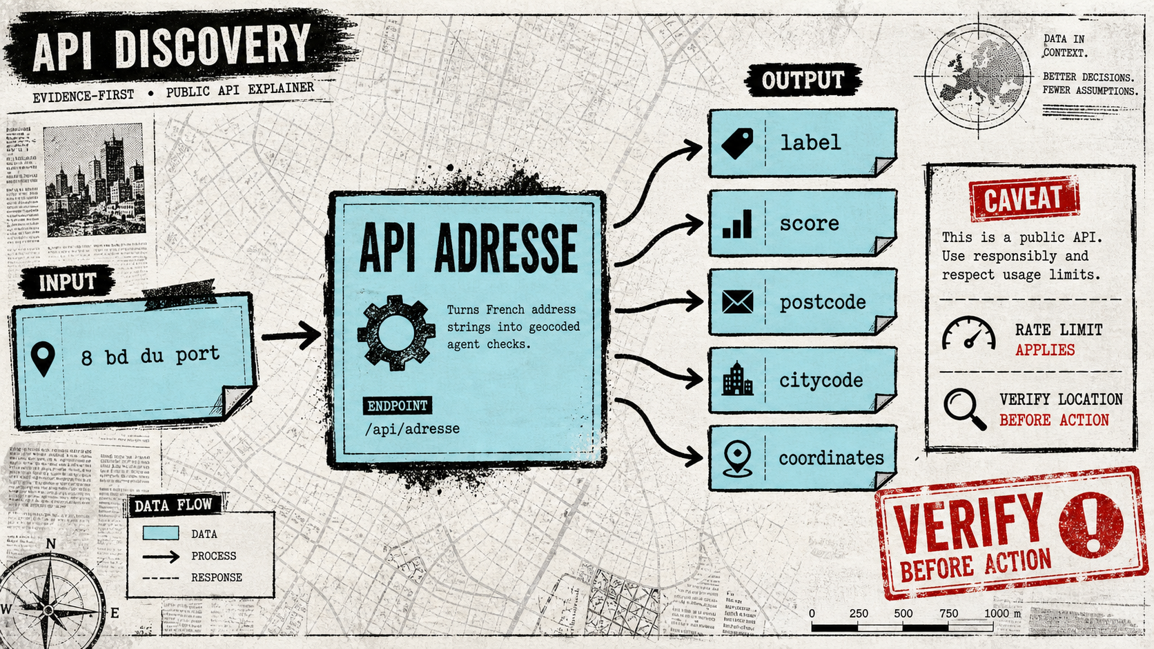Diagram Punk illustration showing API Adresse turning an address string into labels, scores, postcodes, city codes, and coordinates with a verify-before-action caveat.