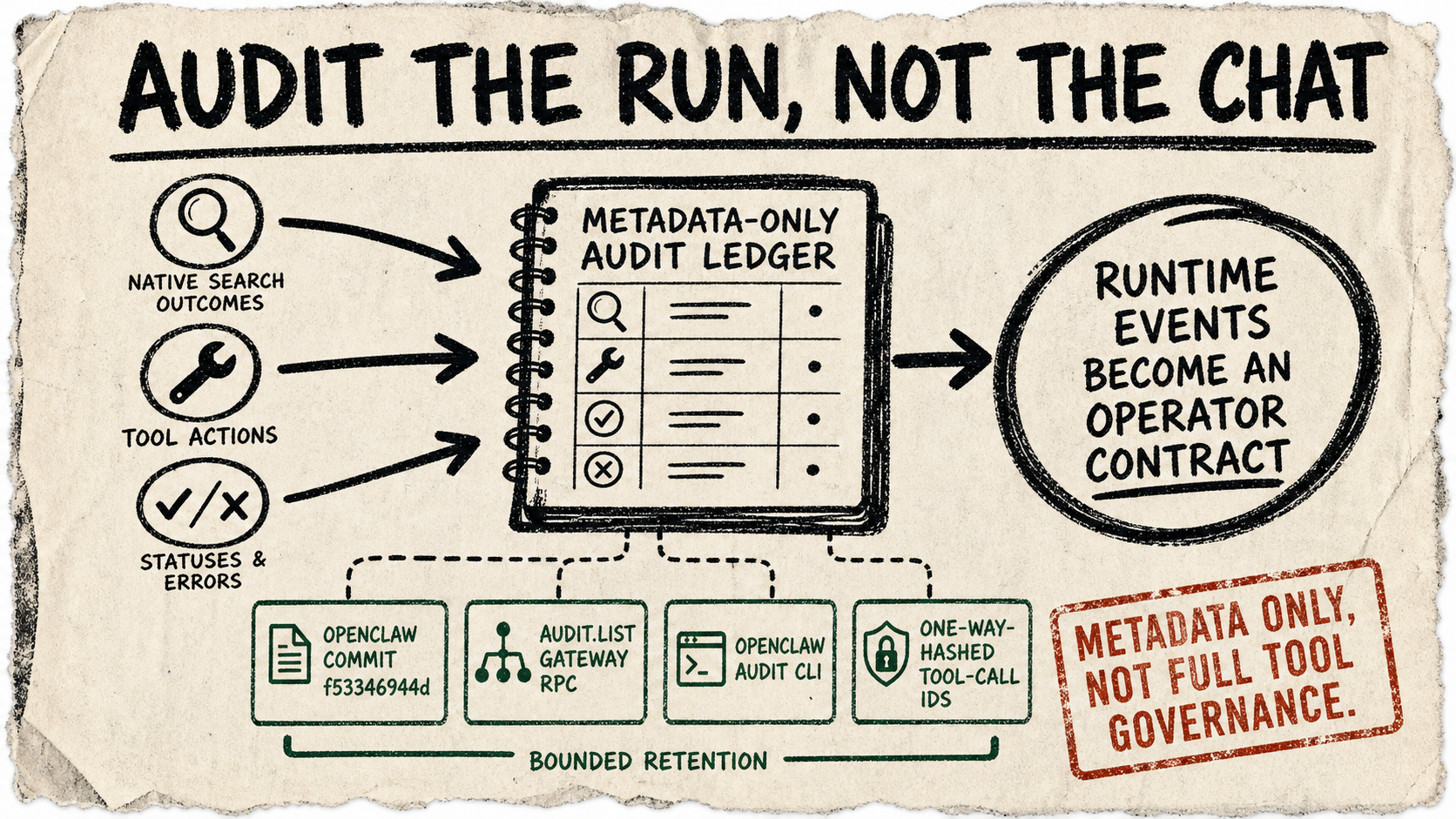 A rough marker diagram titled Audit the run, not the chat, showing native search outcomes and tool actions feeding a metadata-only audit ledger, with evidence cards and a caveat stamp.