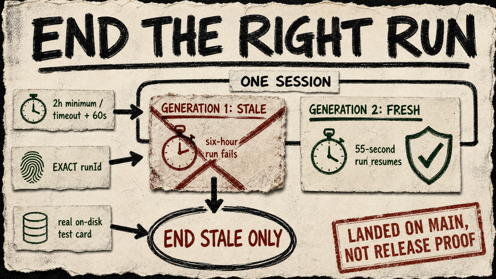 Diagram Punk poster showing a stale and fresh agent-run generation sharing one session, with restart recovery durably ending only the stale run before any output is sent.