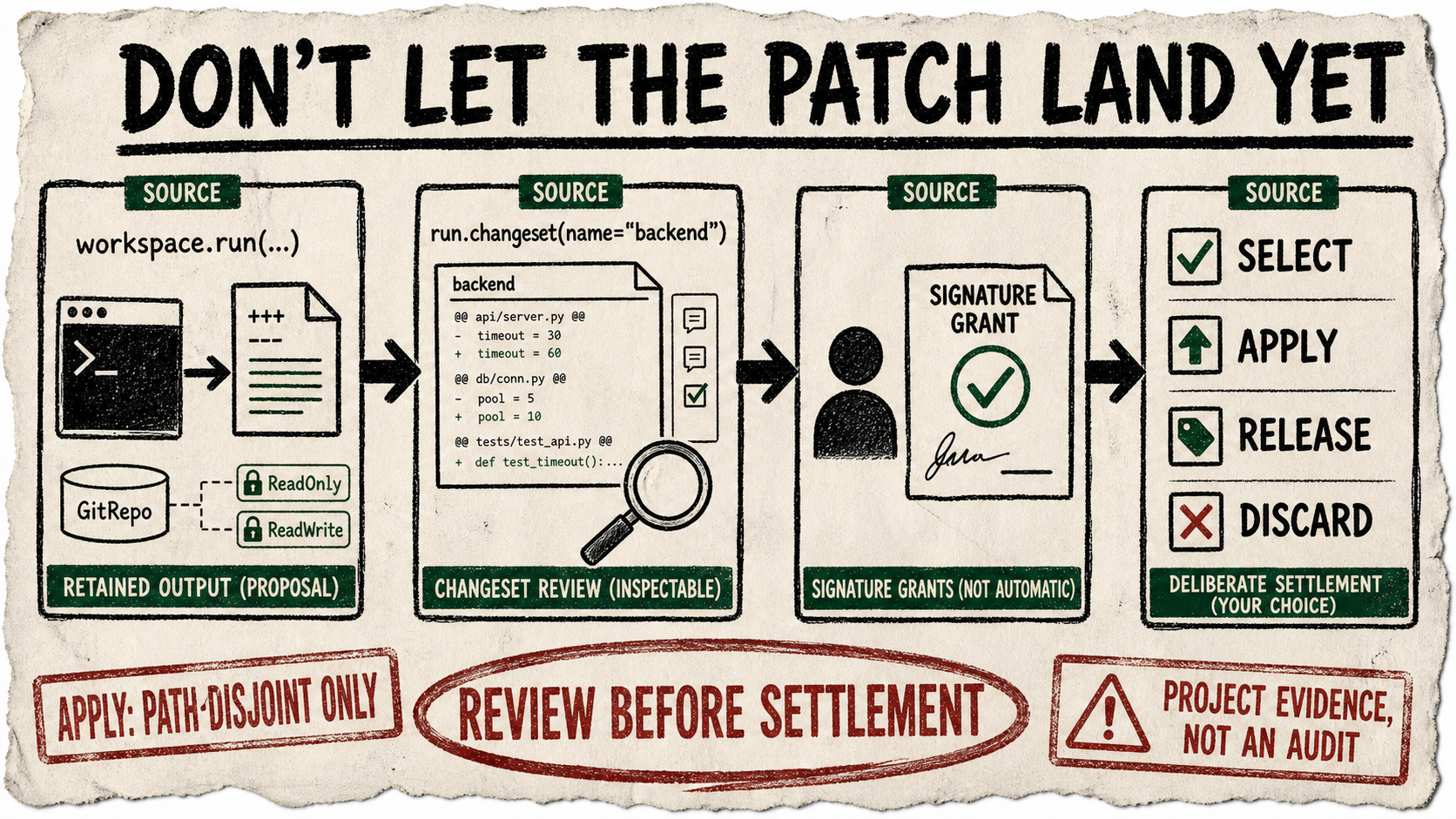Photocopied Diagram Punk poster showing an agent run becoming a retained patch, a changeset review card, signature grants, and four settlement choices before the patch reaches a working tree.
