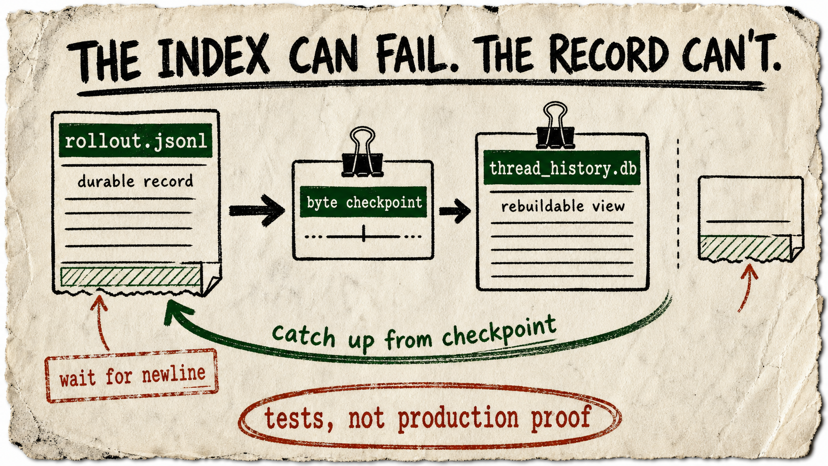 A torn-paper marker diagram showing a JSONL durable record feeding a rebuildable SQLite history view through a byte checkpoint, with a clipped final line left for later.