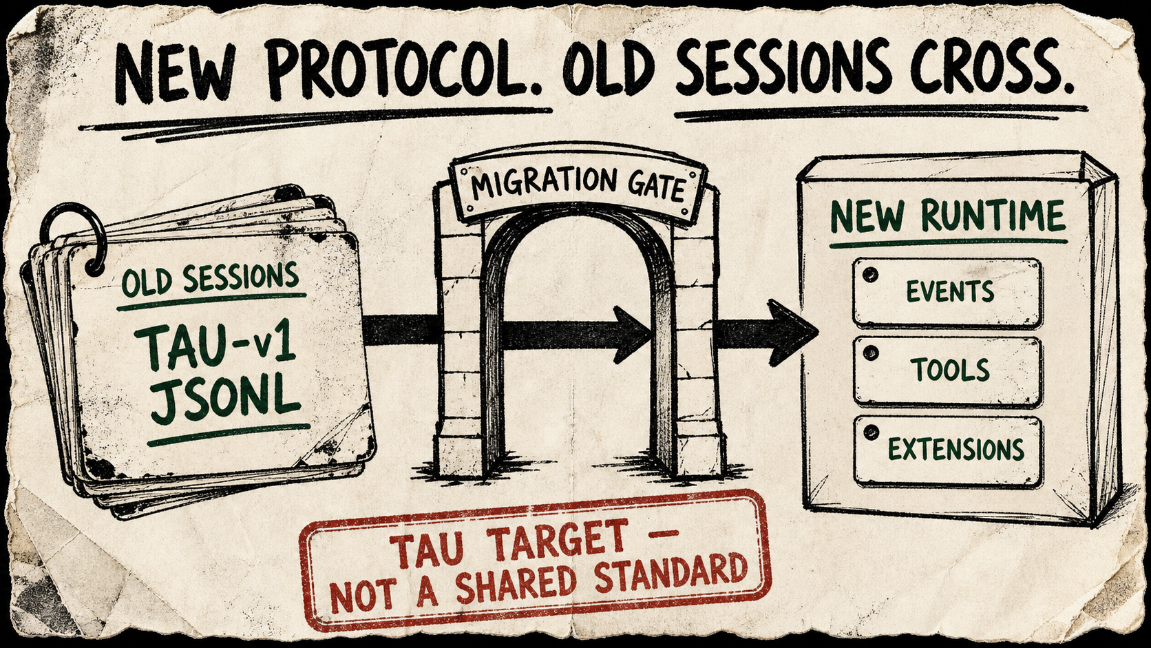 A rough marker diagram shows old Tau JSONL session cards passing through a migration gate into a new runtime with event, tool, and extension cards, plus a caveat stamp.