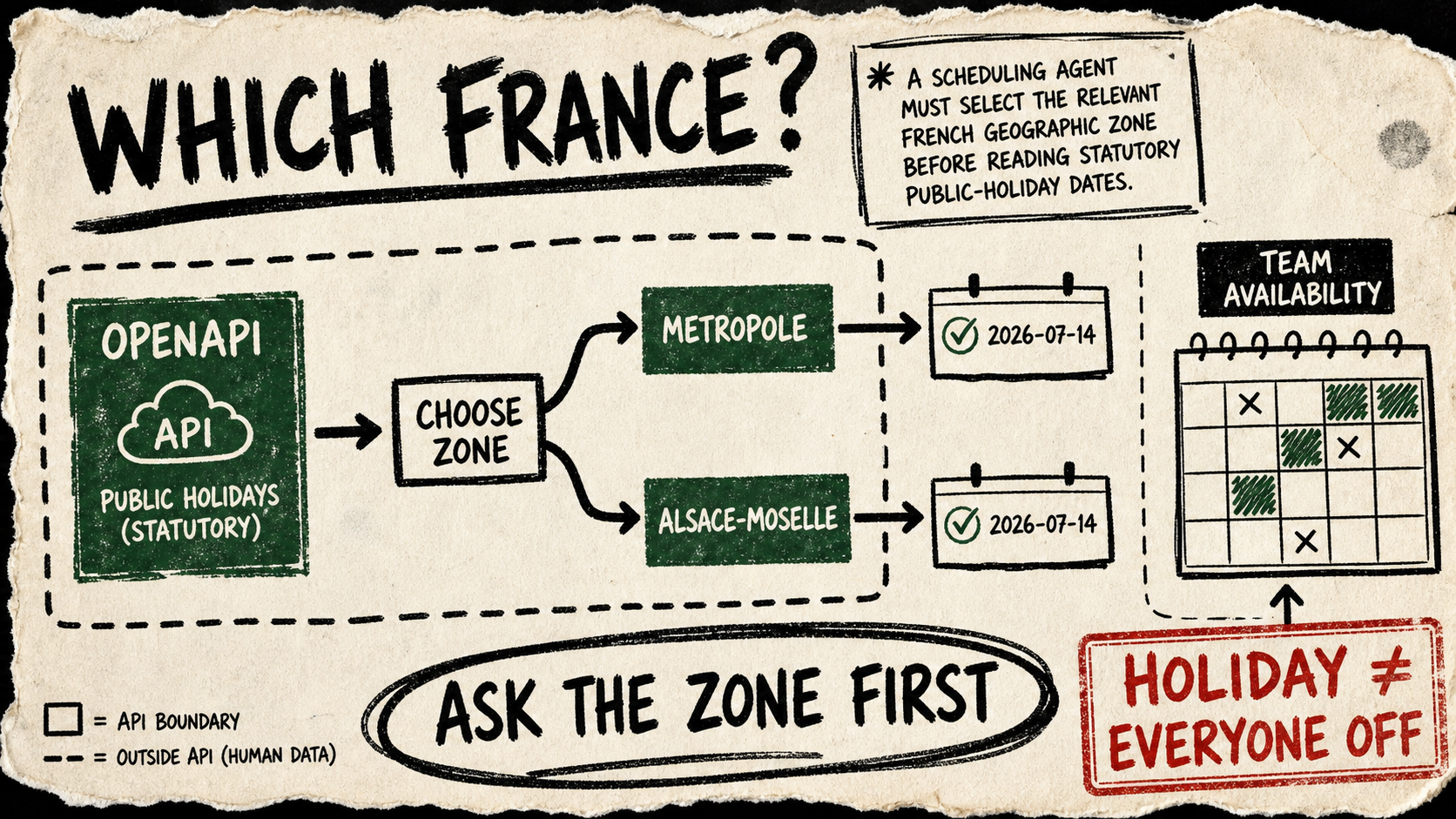 A rough marker diagram shows a public holiday API branching by French zone, feeding a date check, while a separate human availability calendar remains outside the API boundary.