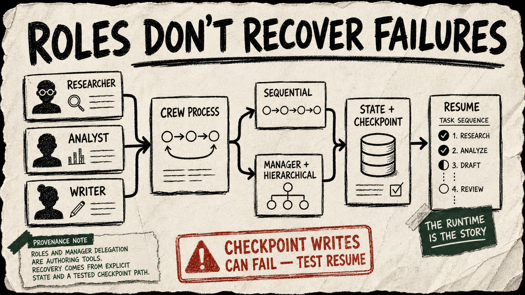 A rough zine-style diagram routes Researcher, Analyst, and Writer cards through a crew process, sequential or manager-led hierarchical paths, a state-and-checkpoint card, and a resumed task sequence; a red stamp warns that checkpoint writes can fail and must be tested.