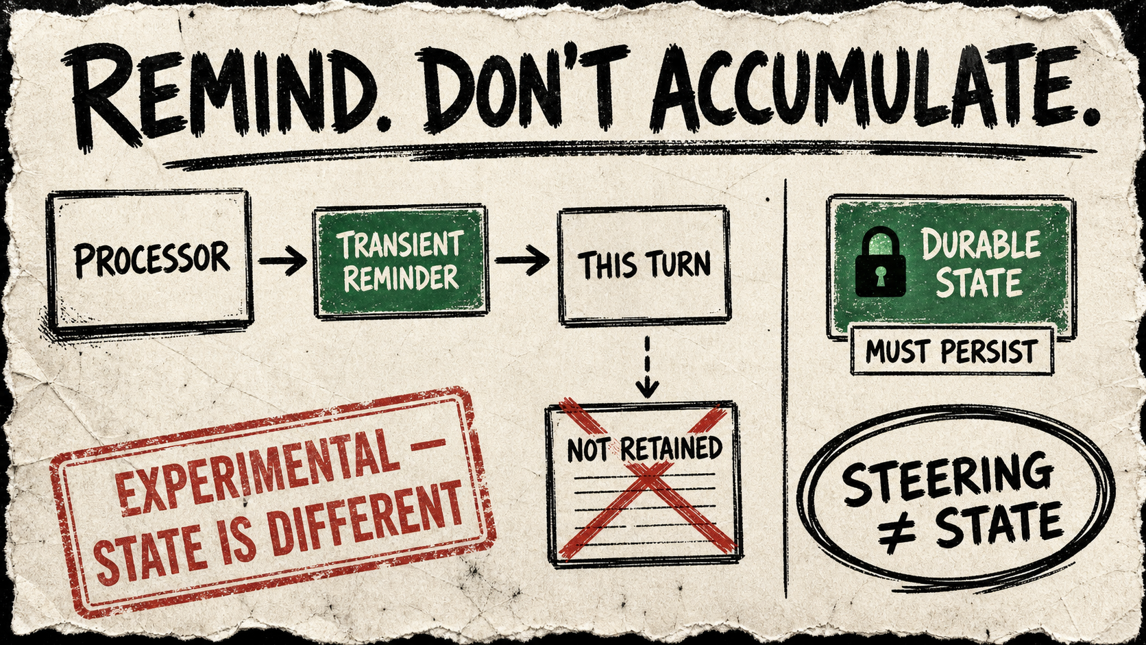 A rough paper diagram sends a transient Mastra reminder from a processor into one current-turn prompt while a crossed-out memory card stays separate from a locked durable state card.