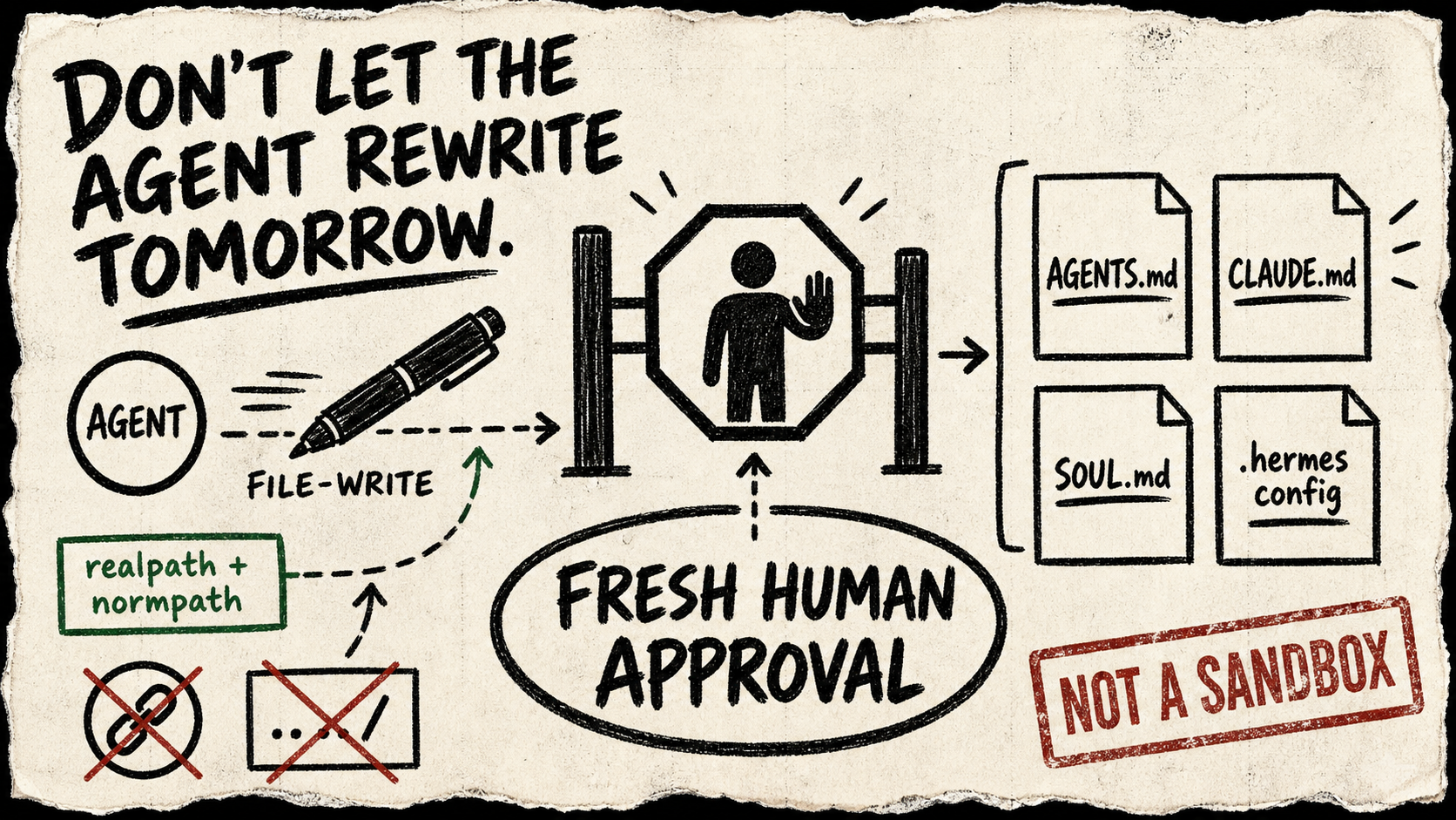 Rough marker diagram of a file-write pen stopped by a human approval gate before instruction-file cards, with a crossed-out symlink and a red caveat stamp.