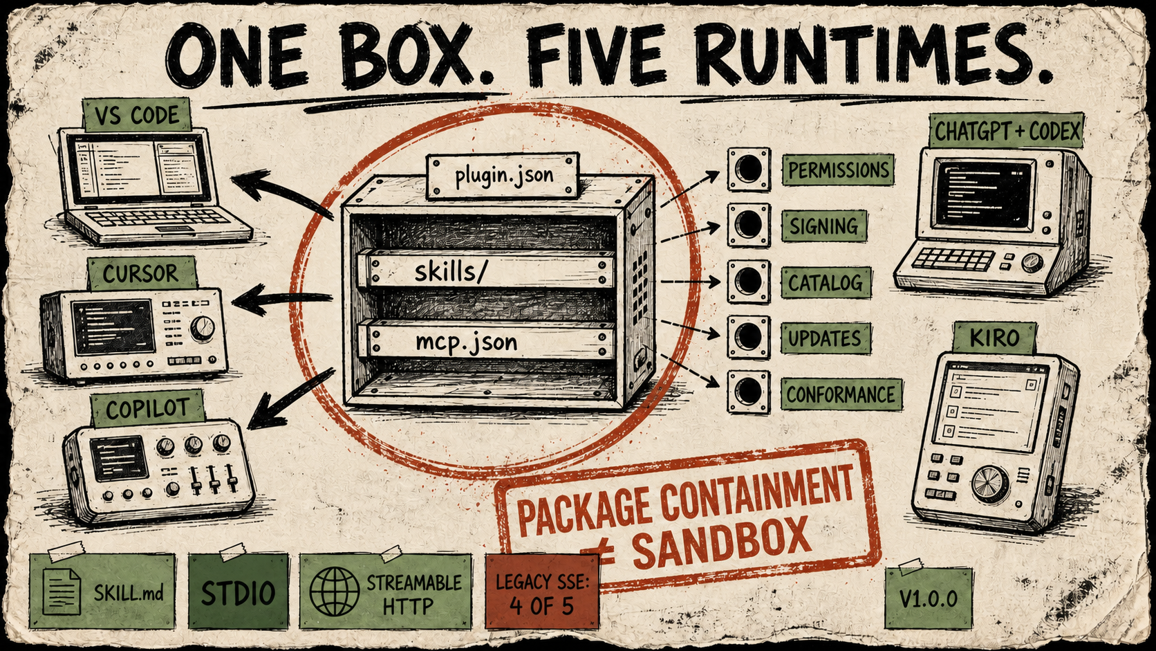 A rough zine-style cutaway shows a plugin.json chassis with skills/ and mcp.json rails feeding five different client machines, while empty sockets mark permissions, signing, catalog, updates, and conformance; a red stamp warns that package containment is not a sandbox.