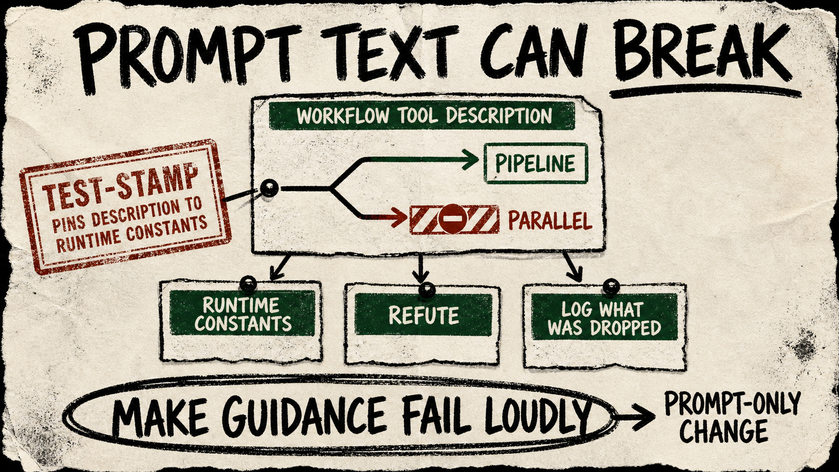 A workflow-tool description routes Pipeline and Parallel modes through runtime constants, test and refute markers, and a prompt-only change label.
