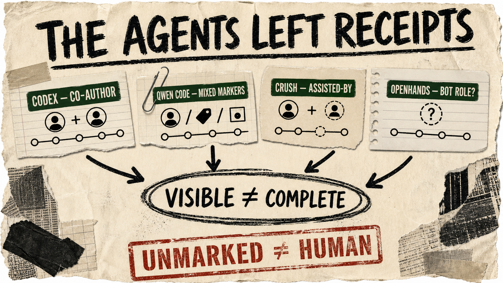 A torn-paper zine poster headed “The agents left receipts,” with evidence cards for Codex, Qwen Code, Crush, and OpenHands pointing to the circled conclusion “Visible ≠ complete; unmarked ≠ human.”