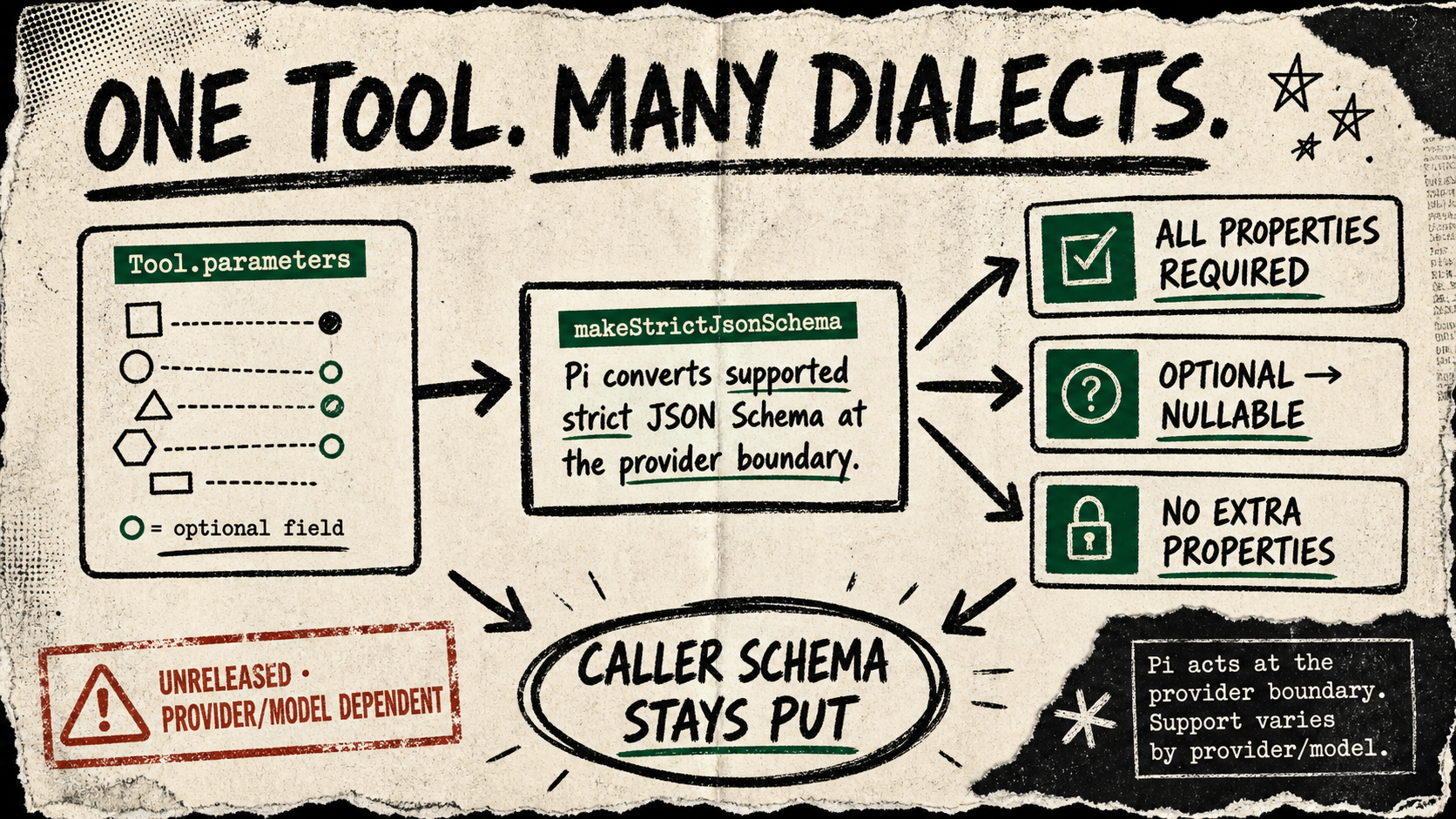 Diagram showing a Pi tool schema crossing a provider boundary into a closed strict schema, with cards for required properties, nullable optional fields, and a caveat about unreleased provider-dependent support.