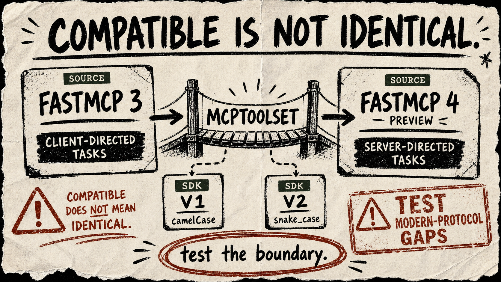 A torn-paper bridge labelled MCPToolset connects FastMCP 3 and FastMCP 4 lanes, while a red preview stamp marks version-specific tasks, sampling, and field-name differences.