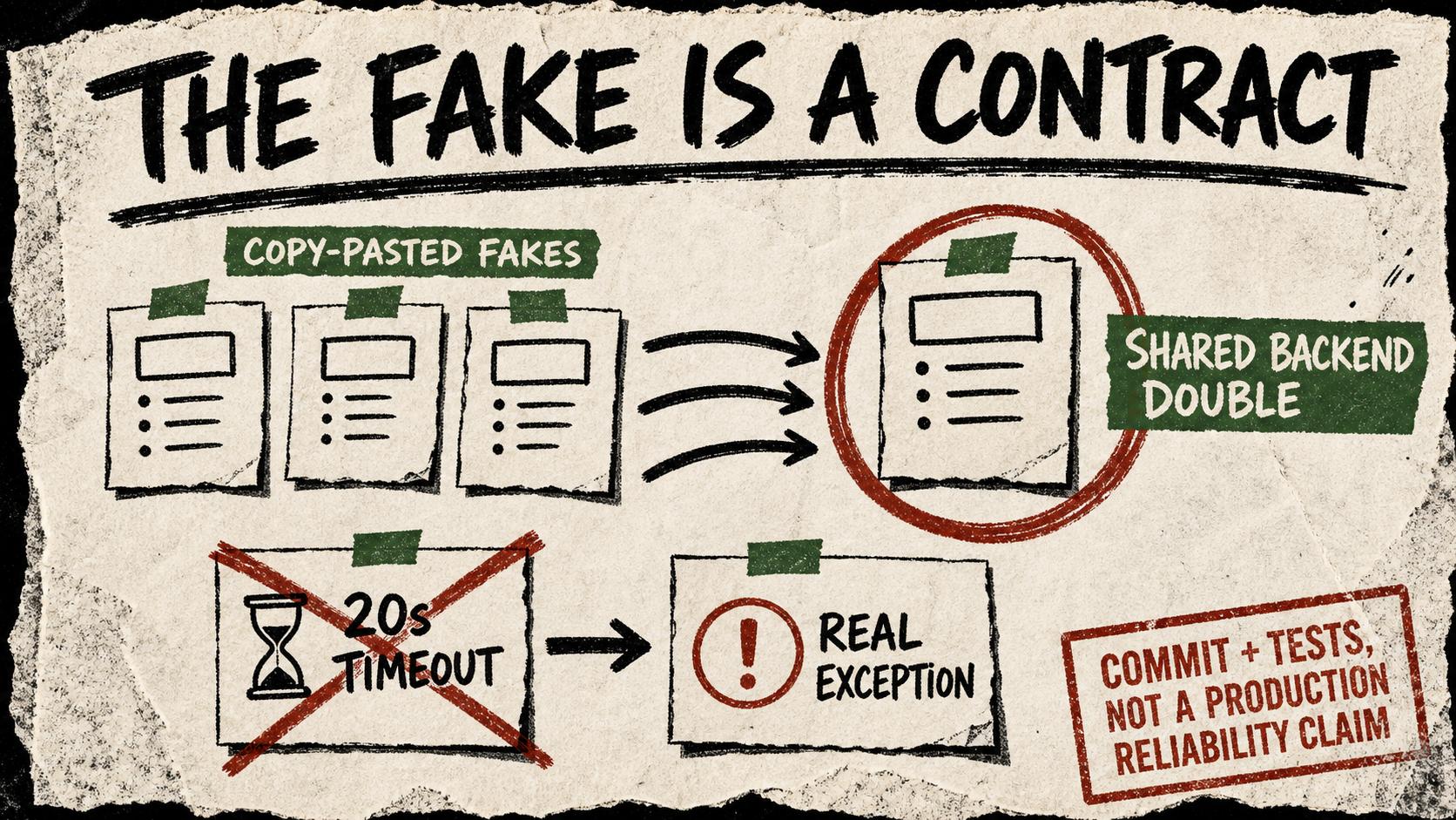 A photocopied diagram shows several duplicate fake backends merging into one shared contract and an async timeout crossed out in favor of the real task exception.