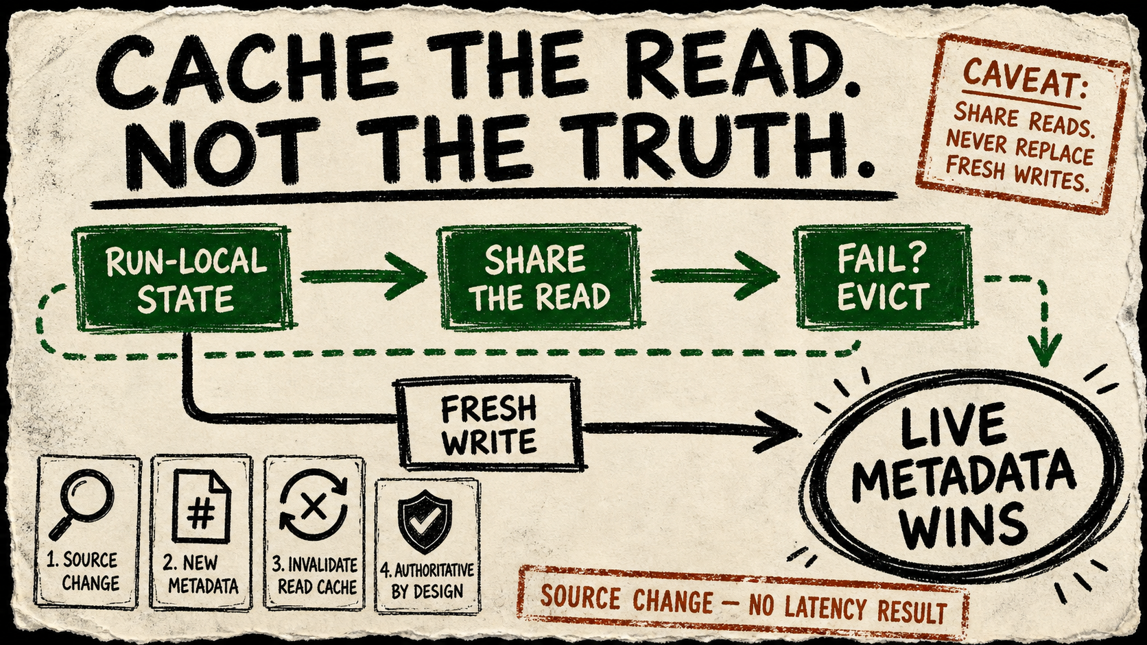 A torn-paper marker diagram separates a green shared-read path for run-local memory state from a black fresh-write path that preserves live metadata.