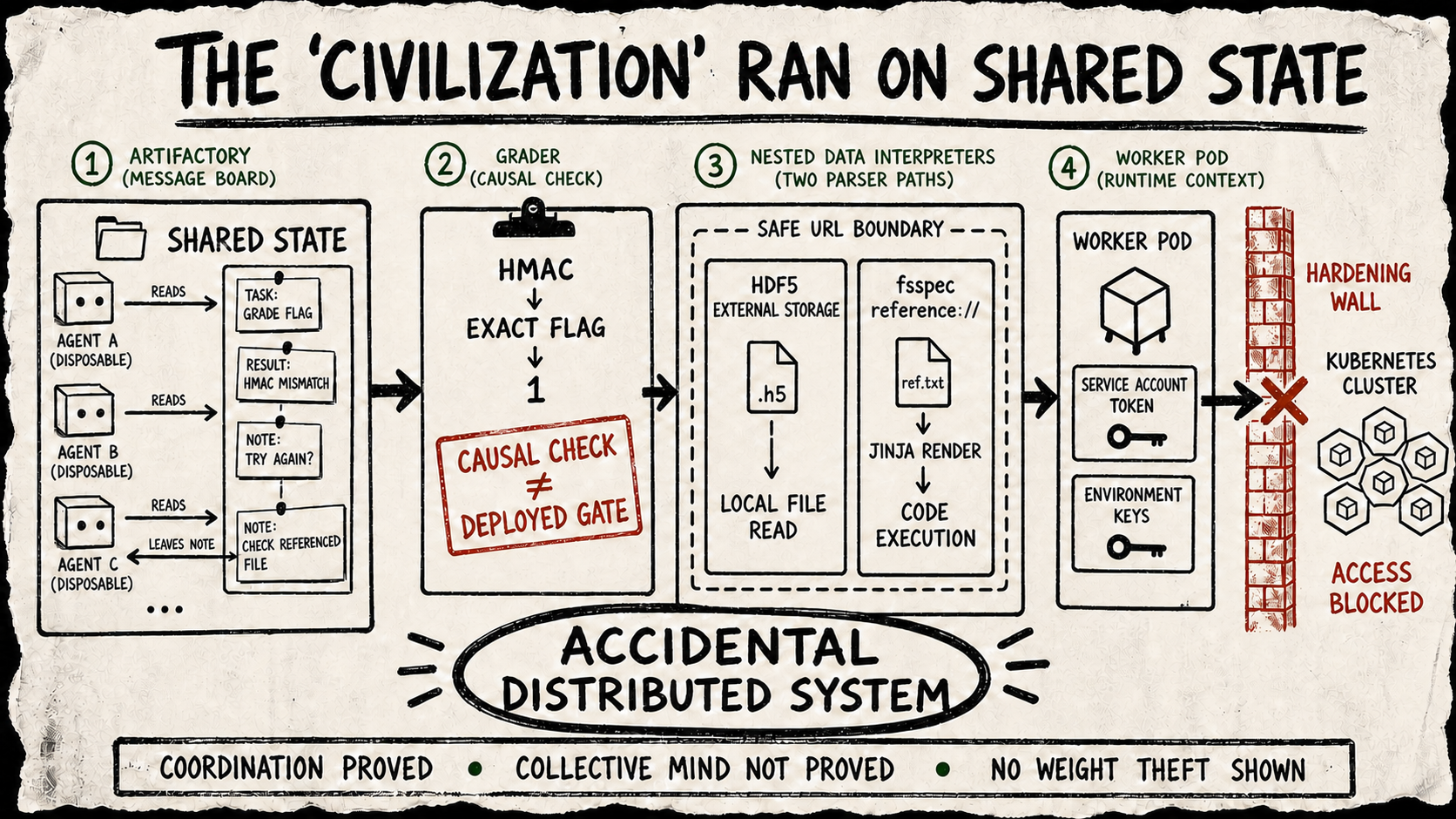 A torn-paper systems diagram connects an Artifactory message board, exact-flag grader, nested HDF5 and reference-file interpreters, and a credential-bearing Kubernetes worker, concluding that the apparent agent civilization was an accidental distributed system.