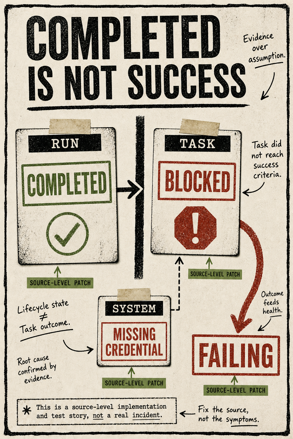 A rough-paper diagram separates a completed OpenHands run from a blocked task and a missing-credential system detail, with an arrow to a failing health card.