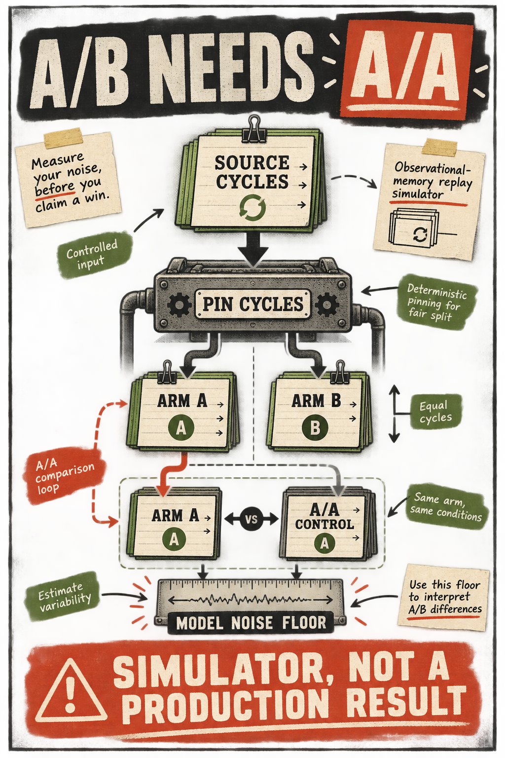 A rough-paper A/B testing diagram sends pinned source cycles into separate Arm A, Arm B, and A/A control databases before comparing prompt change with a model-noise floor.