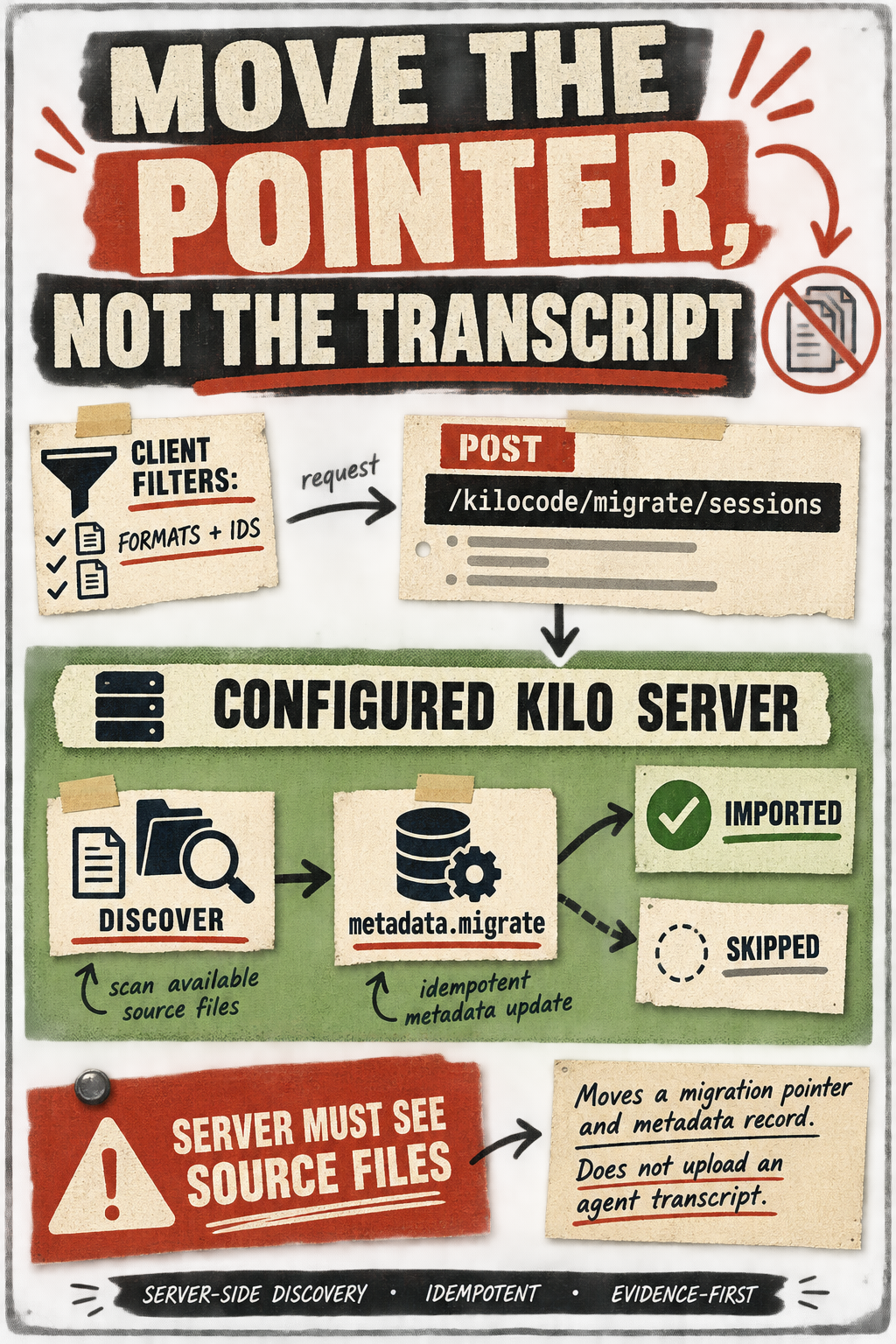A rough-paper flow shows a client sending formats and IDs to a configured Kilo server, which discovers a session, records migration metadata, and skips it on a normal rerun.