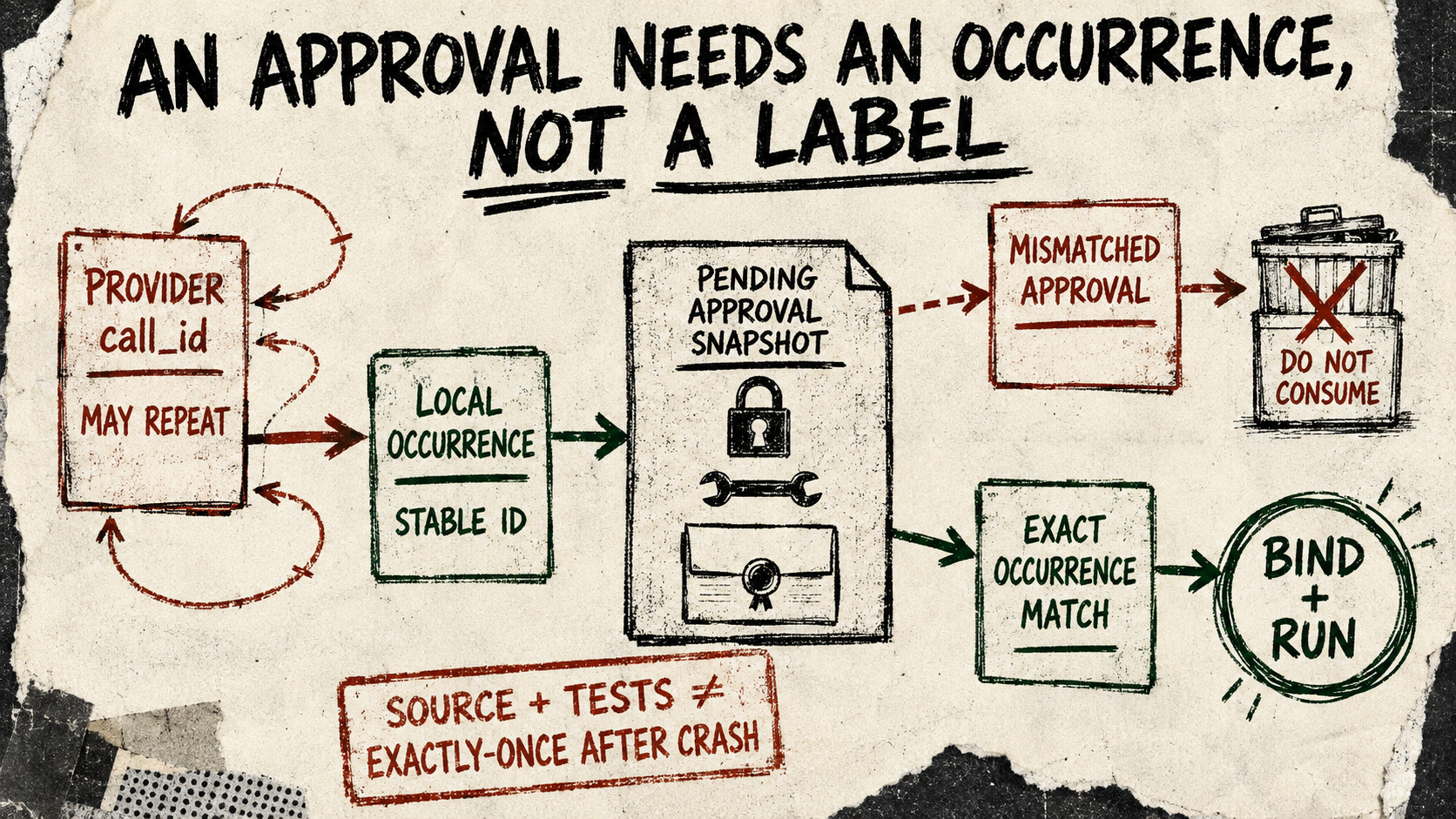 A rough torn-paper diagram separates a reusable provider call ID from a stable local occurrence ID; a mismatched approval is sent to a do-not-consume bin while the pending approval snapshot stays intact until an exact occurrence match leads to bind and run.