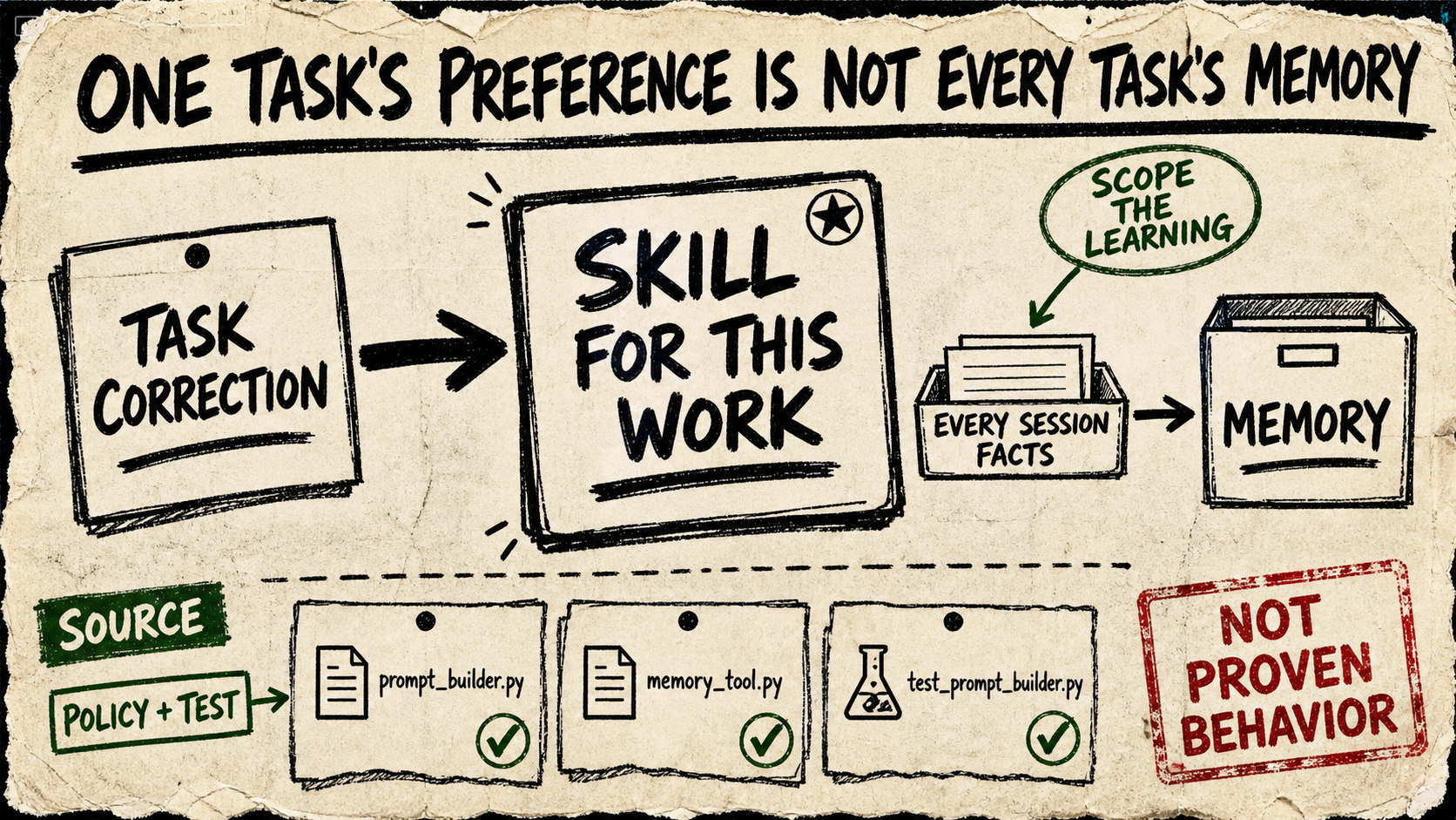 A rough paper diagram routes a task correction to a skill card and reserves a smaller tray for every-session facts, with Hermes source and test cards and a caveat stamp.
