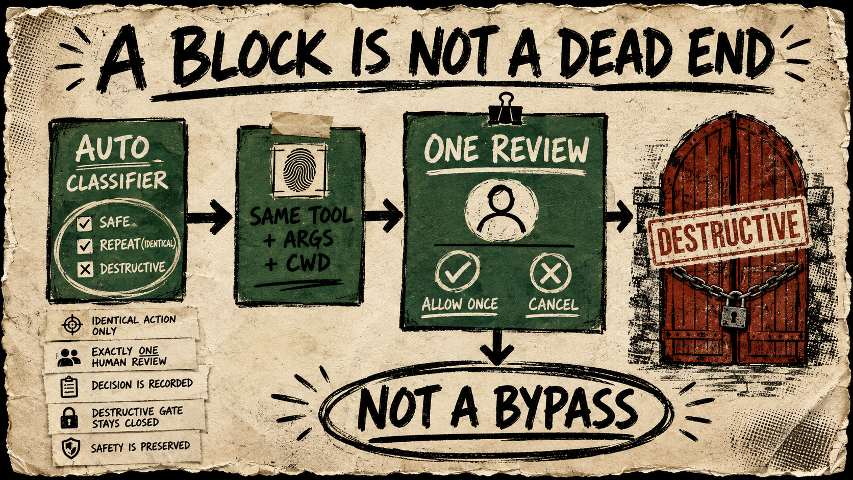 Rough paper diagram showing an AUTO classifier block flowing through an exact-action fingerprint to one manual-review card, while a destructive-command gate remains closed.