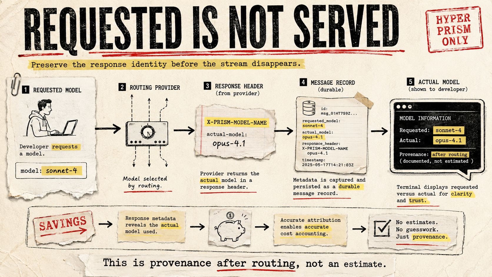 Rough paper diagram showing a requested model label, a Hyper Prism response header, a persisted message record, and a terminal turn footer revealing the routed model.