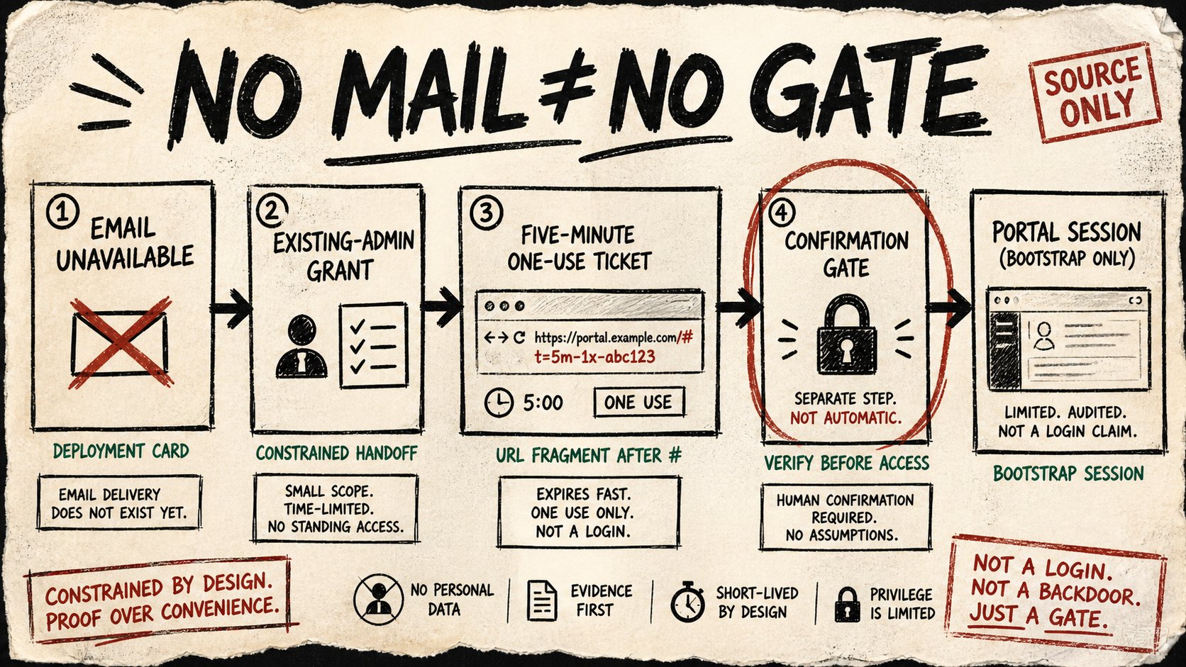 Rough paper diagram showing an email-unavailable deployment, an existing administrator grant, a five-minute one-use handoff link, and a confirmation gate before a portal session.