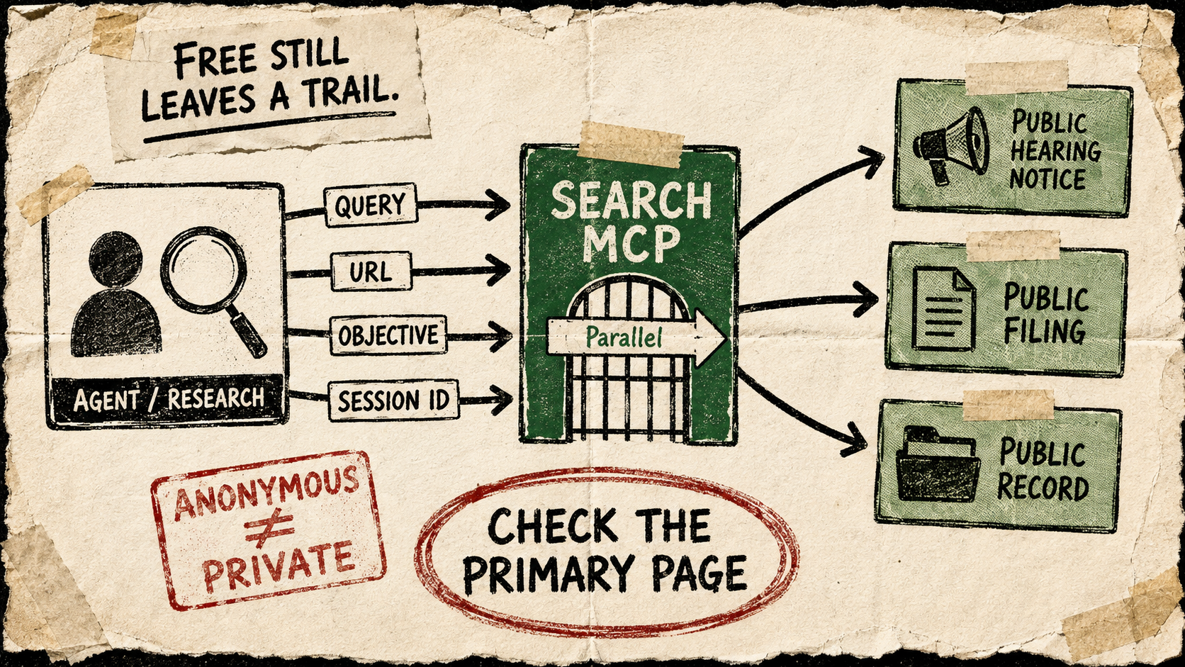 A photocopied cream-paper diagram shows an agent’s search and fetch cards traveling through a Parallel Search MCP endpoint, with a session-ID tag and red outbound arrows for query, URL, objective, and session ID beside a caveat that anonymous access is not private.