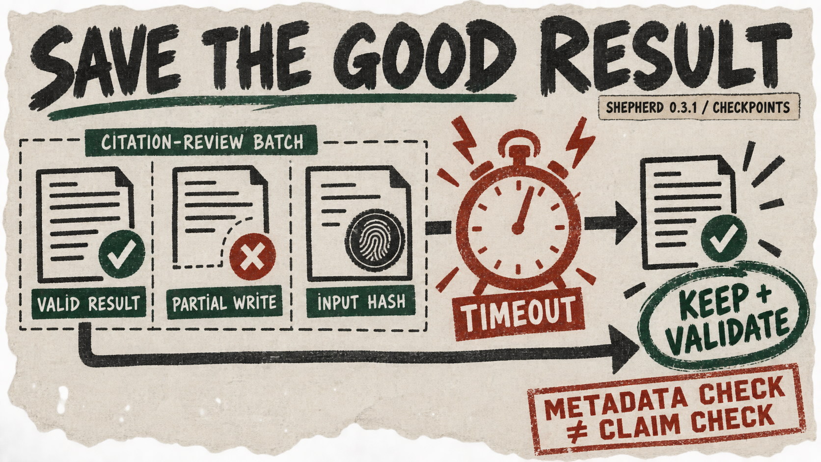 A valid citation result bypasses a timeout while a partial write is rejected and an input hash accompanies validation.