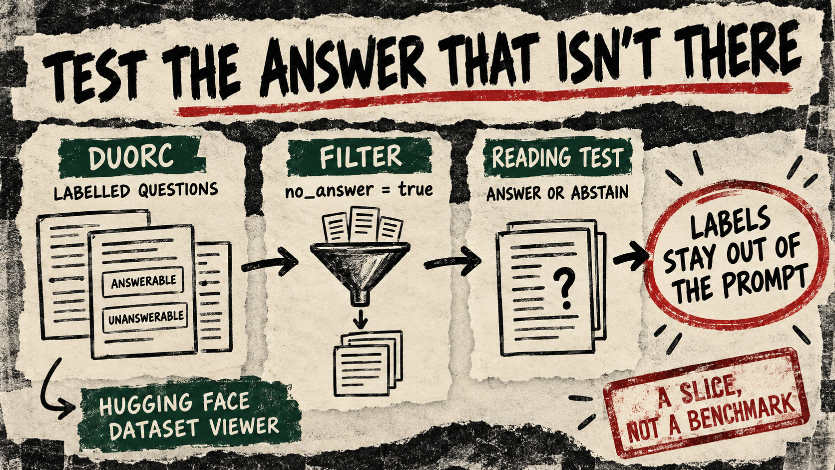 DuoRC questions pass through a no-answer filter into a reading test with labels withheld.