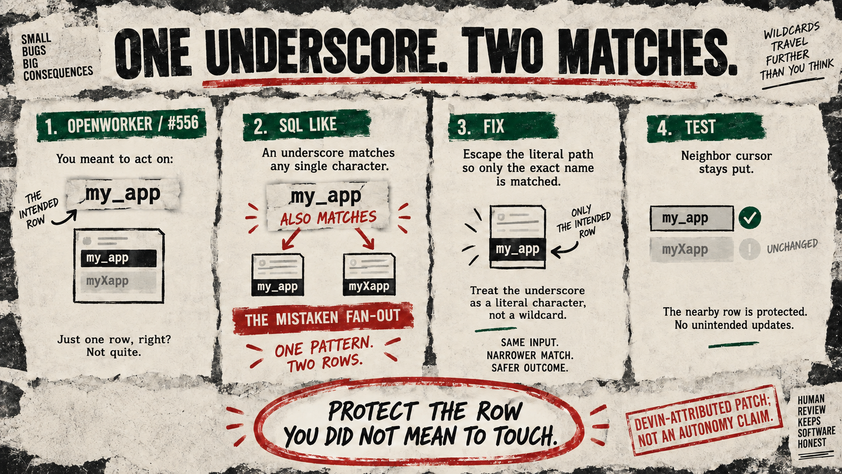 Four evidence cards show an underscore matching two workspace names, the escaped path fix and a test preserving the neighboring cursor.