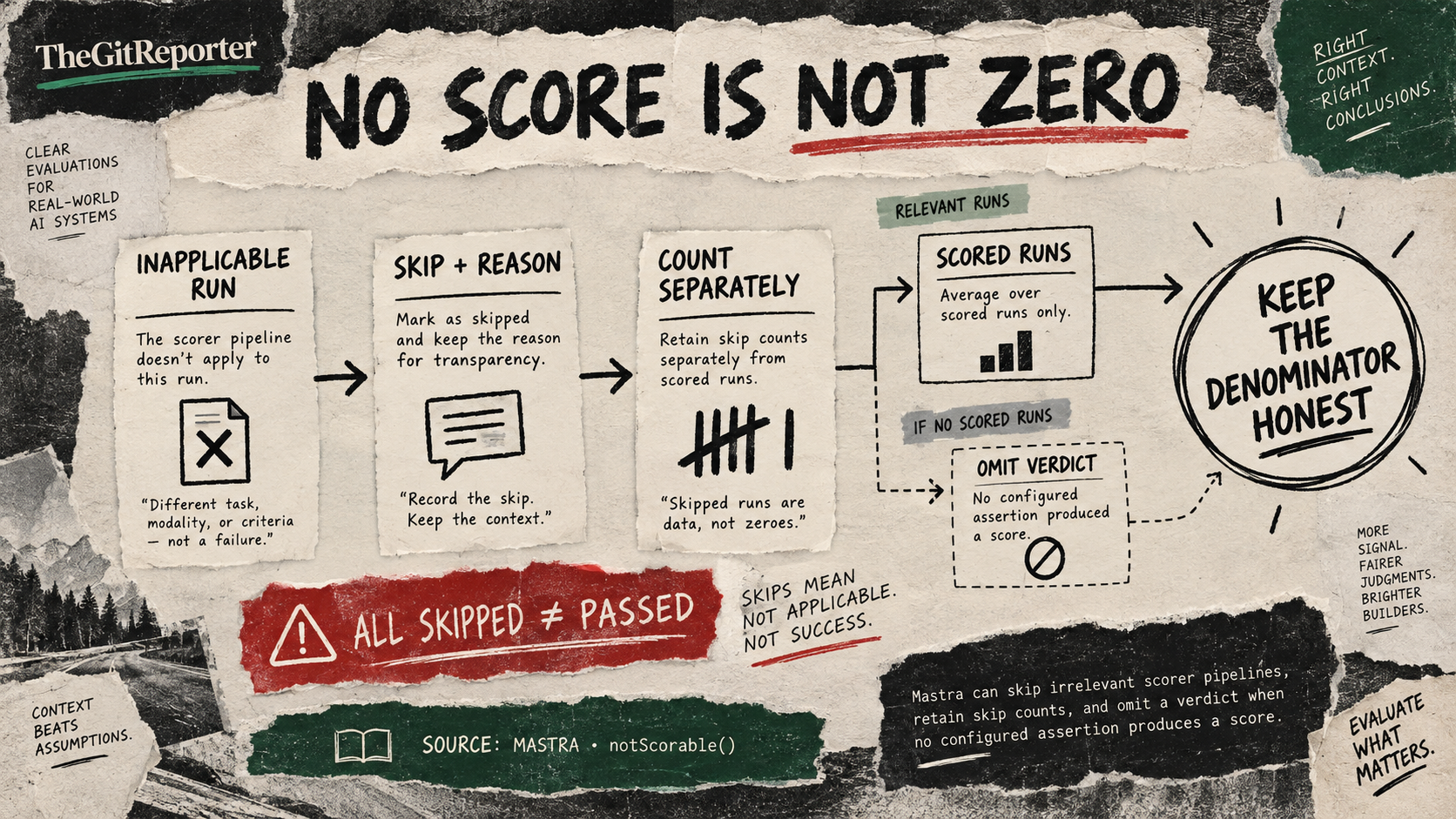 A zine diagram separates inapplicable runs and skip counts from scored-run averages, with an all-skipped-is-not-passed caveat.
