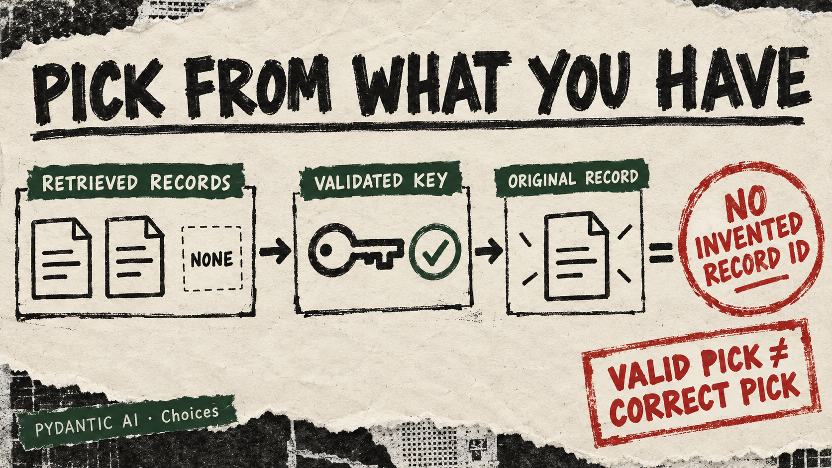 Three cards connect retrieved records, a validated key and the original record; a red stamp says a valid pick is not necessarily correct.