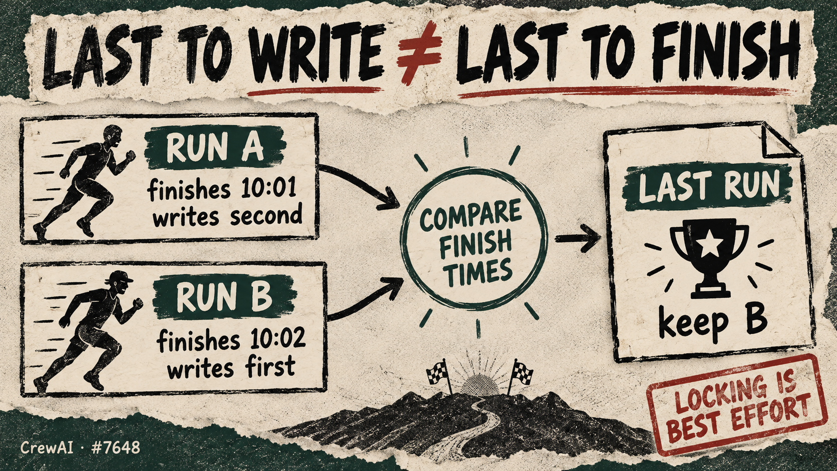Two runs finish and write in opposite orders; a comparison keeps the later-finished run, with a best-effort locking caveat.
