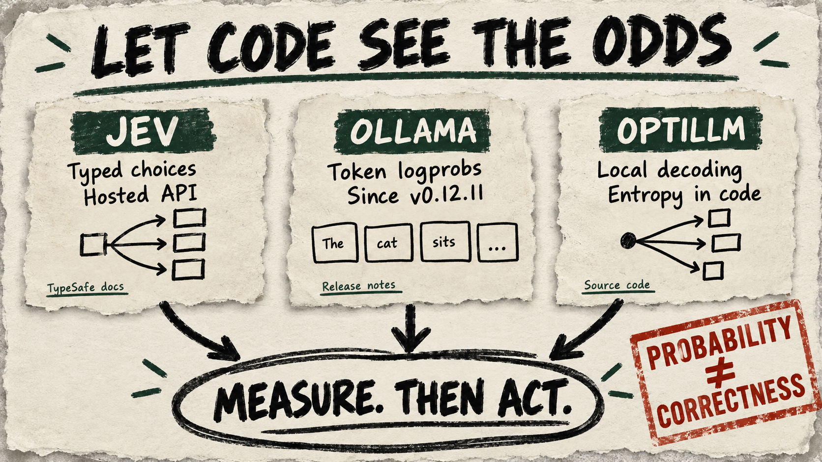 Cream-paper marker poster comparing Jev typed choices through a hosted API, Ollama token logprobs since v0.12.11, and OptiLLM local entropy decoding. Arrows lead to Measure. Then act. A red stamp reads Probability is not correctness.