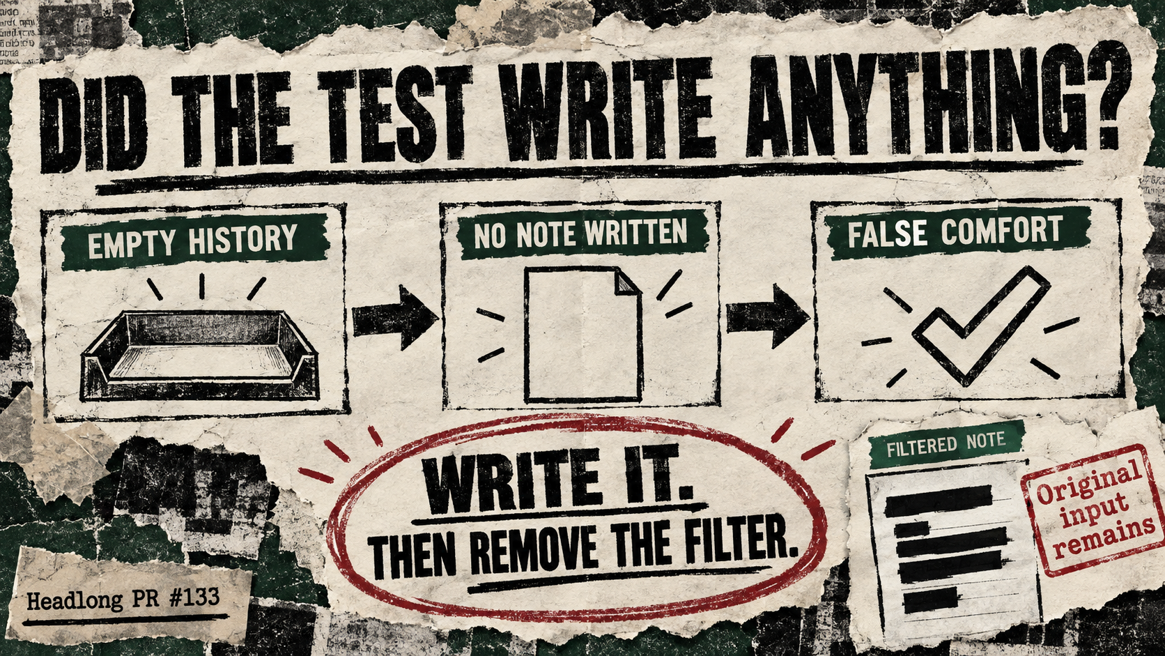 Empty history leads to no note and false confidence; a second diagram calls for a real write and a filter-removed test control.