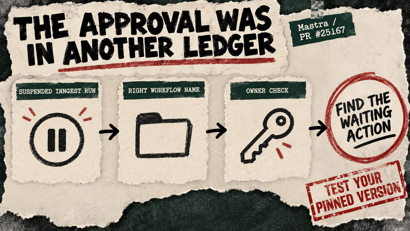 A suspended Inngest run passes through the correct workflow name and owner check to a waiting action.