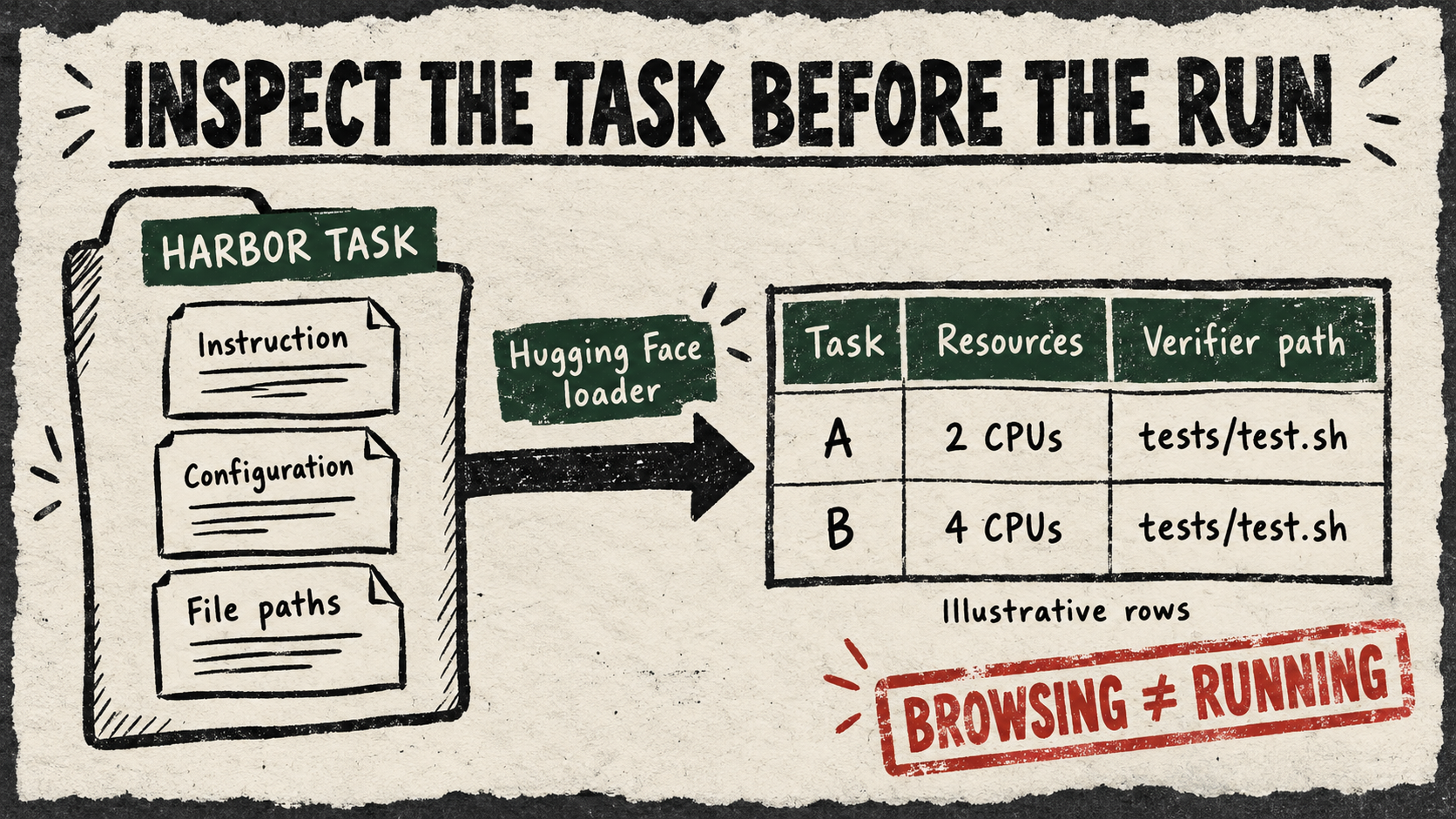 A Harbor task folder containing instruction, configuration and file paths feeds a table of illustrative task requirements through the Hugging Face loader. A stamp distinguishes browsing from running.