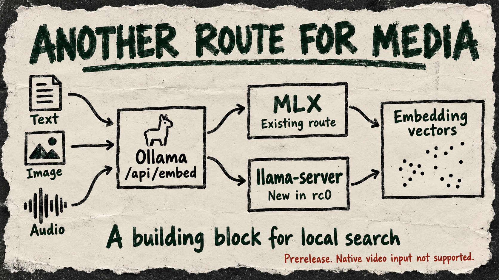 Text, image and audio feed Ollama, branching to existing MLX and new llama-server routes that produce embedding vectors.