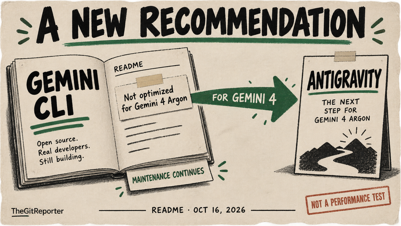 An open Gemini CLI book retains a maintenance tab while its README note points Gemini 4 readers toward an Antigravity sign; a stamp says this is not a performance test.