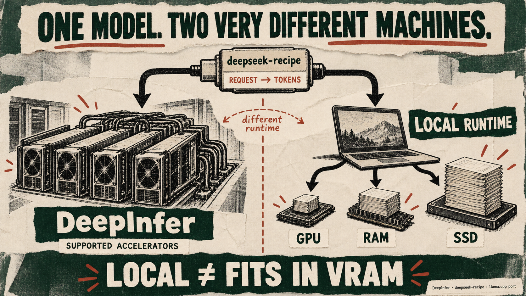 A request adapter branches toward DeepInfer accelerators and a local laptop connected to GPU, RAM and SSD.